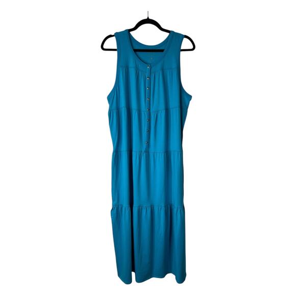 Athleta Drop In Tiered Dress Womens 1X Blue Sleeveless Tank Button Front Midi - Picture 1 of 11